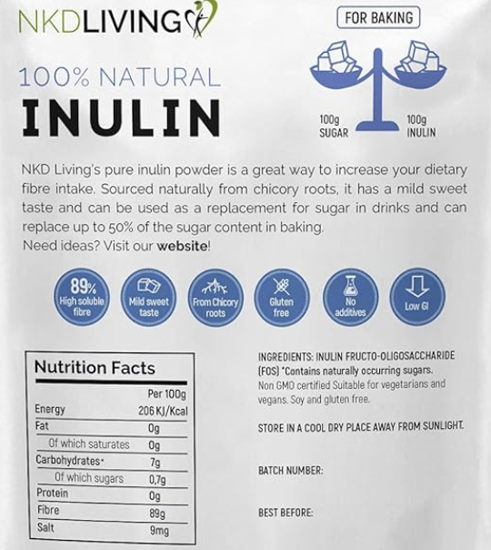 NKD Living inulin powder packaging with nutritional information and ingredients list.