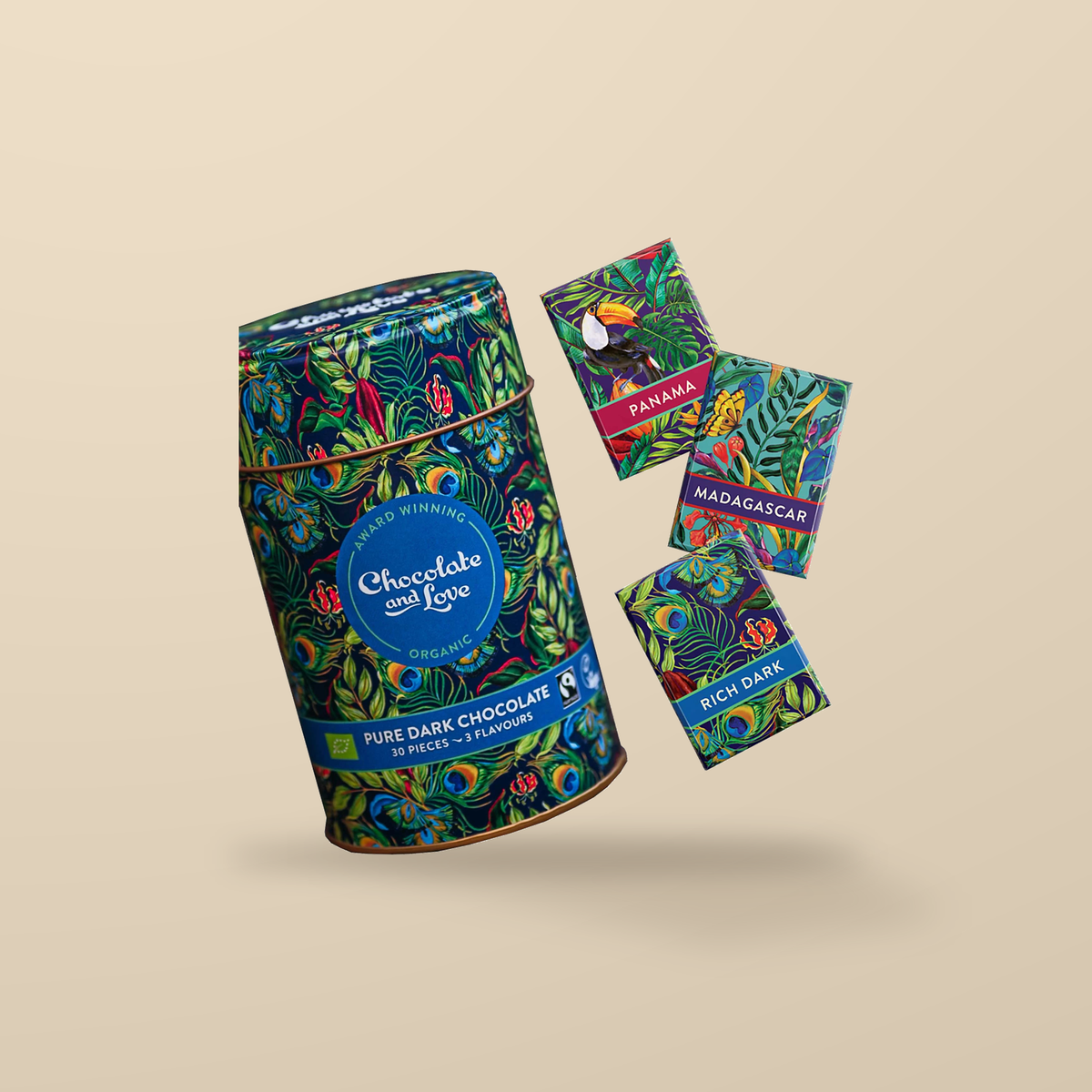 Chocolate and Love Rich Dark Organic Chocolate Tin 165g — original product packaging on warm beige background