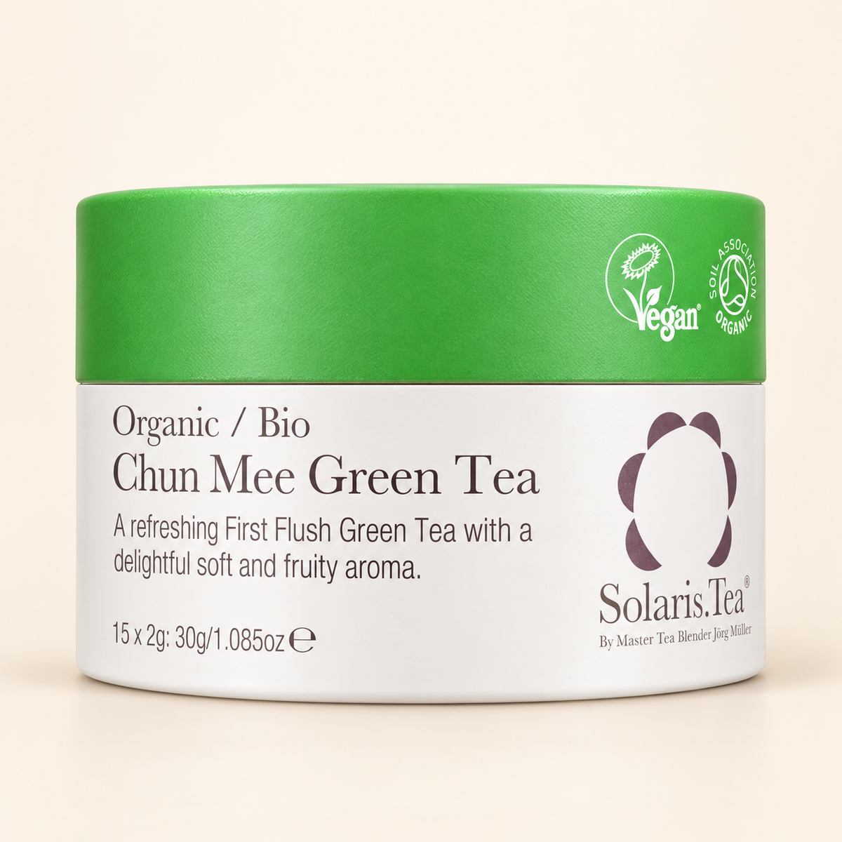 Solaris Chun Mee Green Tea – 15 Organic Tea Bags — product packaging on a warm cream background