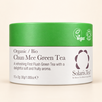 Solaris Chun Mee Green Tea – 15 Organic Tea Bags — product packaging on a warm cream background