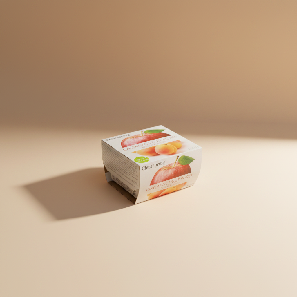 A box of Clearspring Organic Fruit Puree apple & peach flavor, featuring a white box with illustrations of red apples and yellow-orange peaches, resting on a cardboard surface.