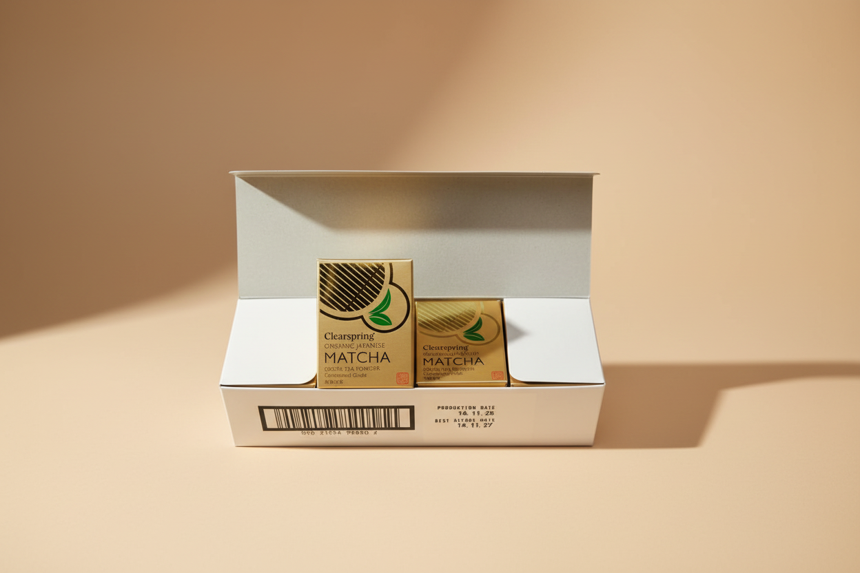 Two Clearspring Organic Japanese Matcha tea boxes displayed inside an open white cardboard box.