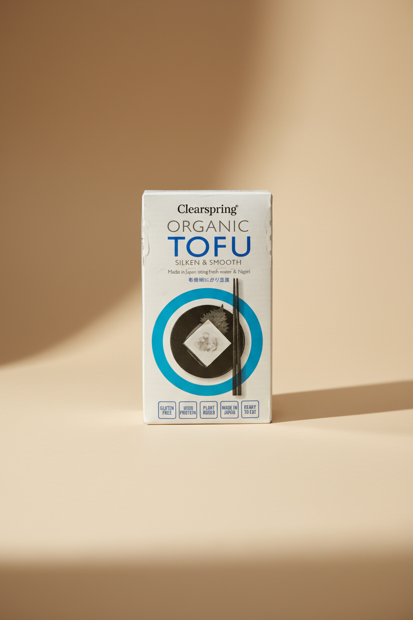 A box of Clearspring Organic Tofu, featuring a white cardboard package with blue and black text and graphics, placed on a tiled floor.