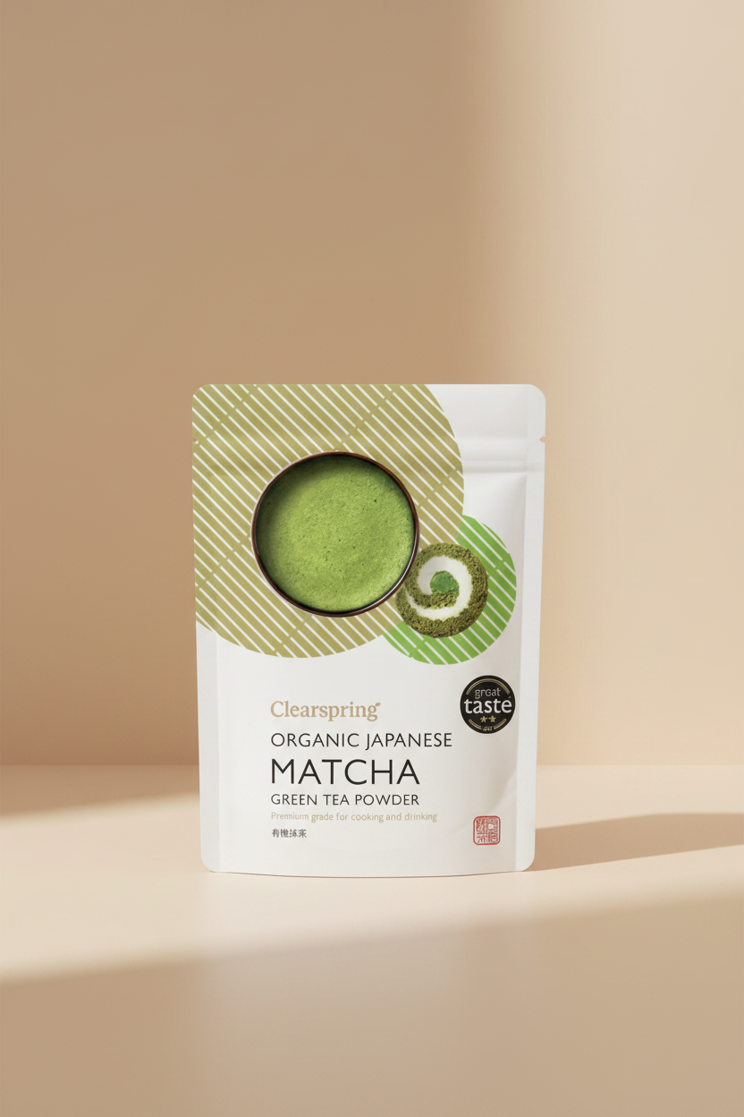 Clearspring Organic Japanese Matcha Green Tea Powder in a white resealable pouch with a green matcha bowl graphic and a black 'great taste' badge.