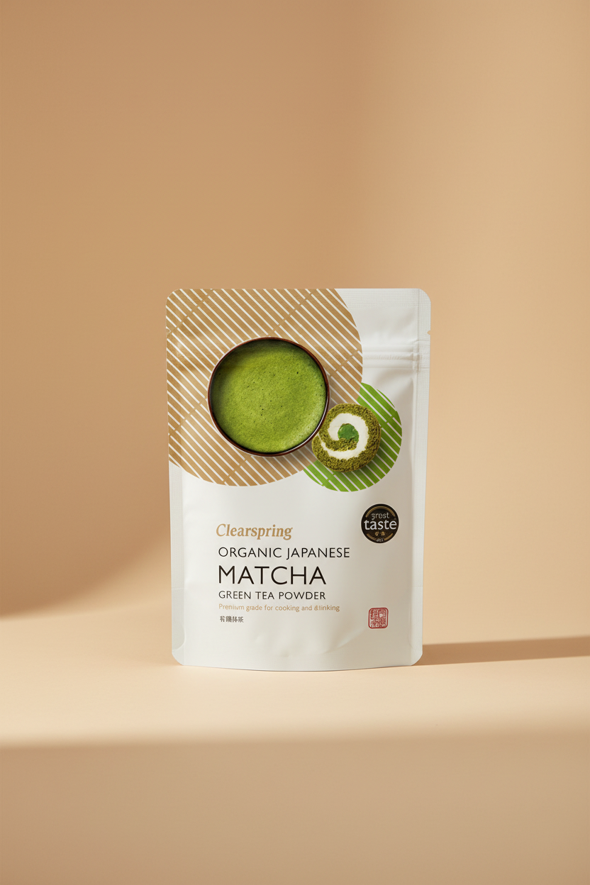 Clearspring Organic Japanese Matcha Green Tea Powder in a white stand-up pouch with a circular green matcha tea bowl graphic and a matcha roll illustration.