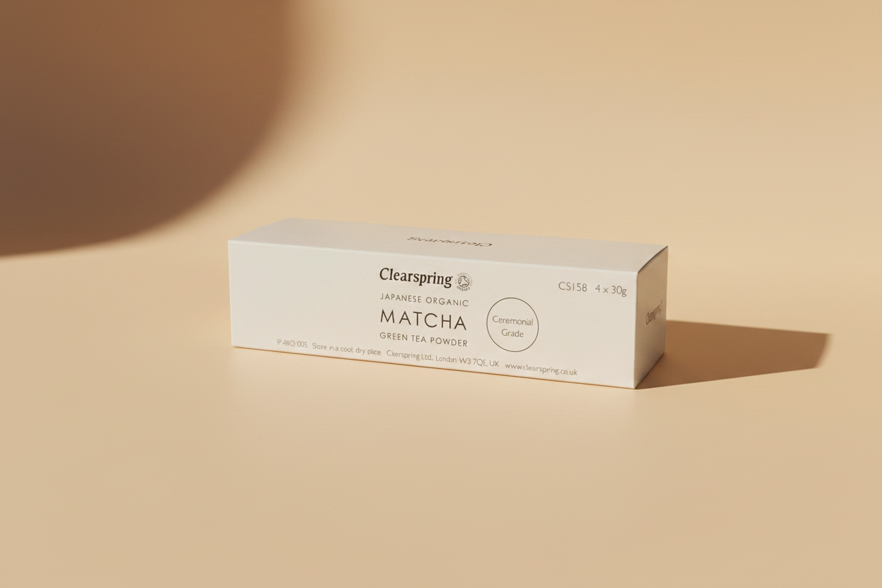 A white rectangular box of Clearspring Japanese Organic Matcha Green Tea Powder, showing the front and top panels with product details and branding.