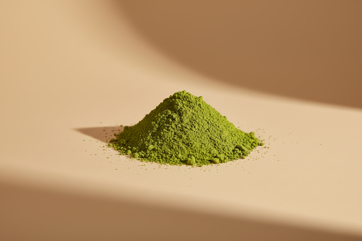 A small mound of bright green powder, likely matcha or tea powder, photographed on a warm beige surface with soft shadows.