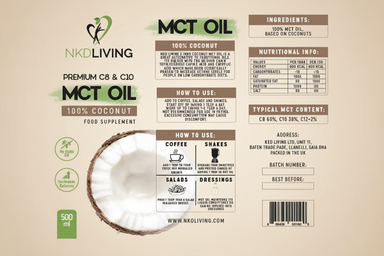 Label of NKD Living MCT oil supplement with coconut illustration and text.