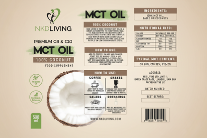 Label of NKD Living MCT oil supplement with coconut illustration and text.