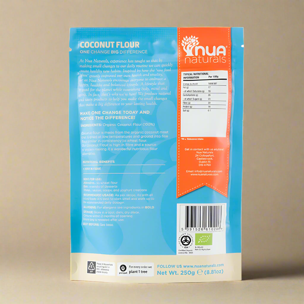 Nua Naturals coconut flour package with blue and orange design