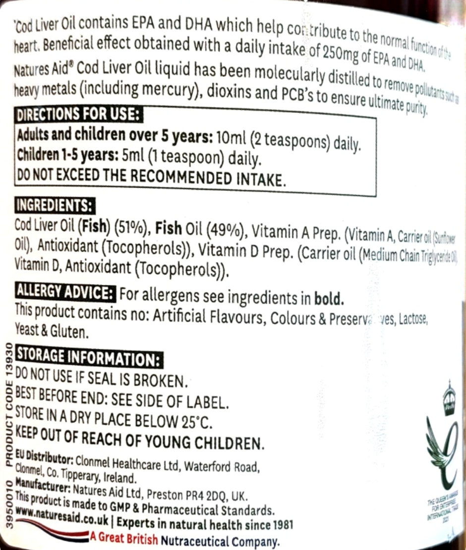 The back of a supplement bottle label showing usage directions, ingredients, allergen advice, storage information, and the Nature's Aid logo on a white background.