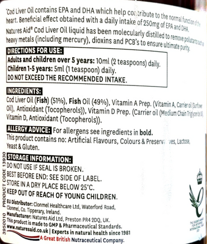 The back of a supplement bottle label showing usage directions, ingredients, allergen advice, storage information, and the Nature's Aid logo on a white background.