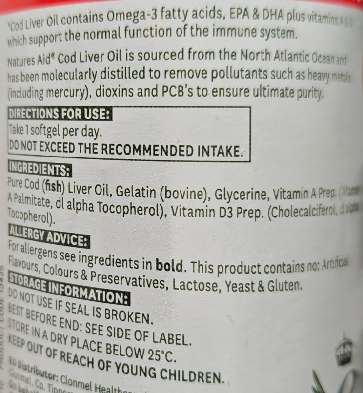 Natures Aid Cod Liver Oil label with directions, ingredients, and storage information.