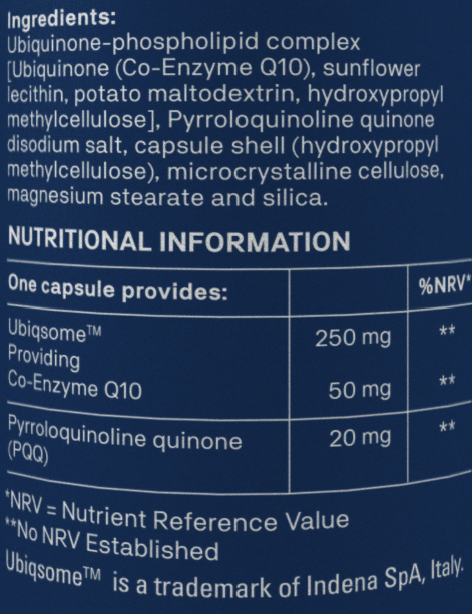 Nutritional information label for a supplement with ingredients and nutritional details.