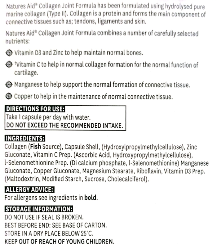 A close-up of a product's front label for Natures Aid Collagen Joint Formula, detailing the ingredients, directions for use, and storage information on a white background.