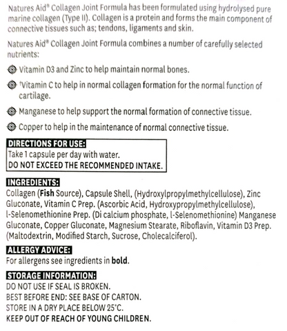 A close-up of a product's front label for Natures Aid Collagen Joint Formula, detailing the ingredients, directions for use, and storage information on a white background.