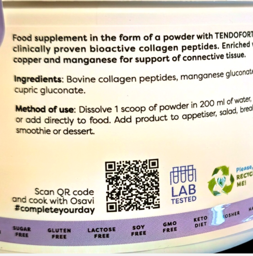 Close-up of a supplement package label showing text about a powder food supplement, ingredients, and method of use, with a QR code, a blue LAB TESTED logo, and a green Please RECTIFY ME! seal.