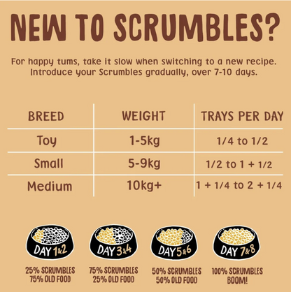 An informational graphic titled 'NEW TO SCRUMBLES?' with text and a table showing breed, weight, and trays per day for transitioning to a new recipe. Four small bowls labeled Day 1 to Day 8 show crumbled yellow food on a tan background.