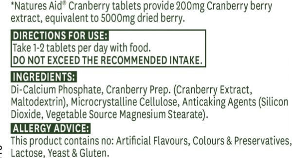 Natures Aid Cranberry tablets label with directions, ingredients, and allergy information.