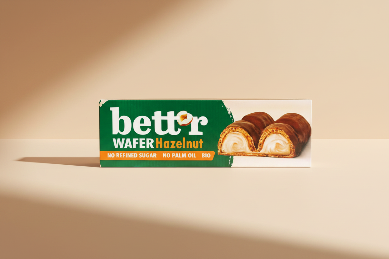 A package of Better Wafer Hazelnut cookies, showing the green and white brand box with an image of two sliced chocolate wafer cookies filled with cream and hazelnut on a white background.