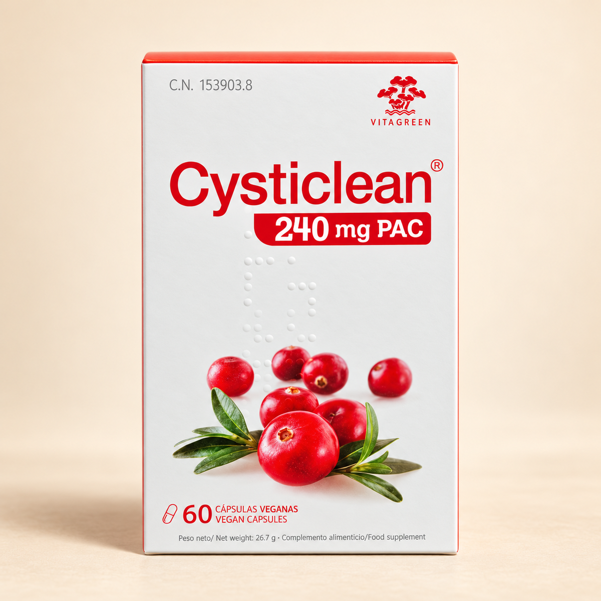 Cysticlean 240mg Cranberry Extract Capsules – 60 Capsules — current pack on a warm cream background