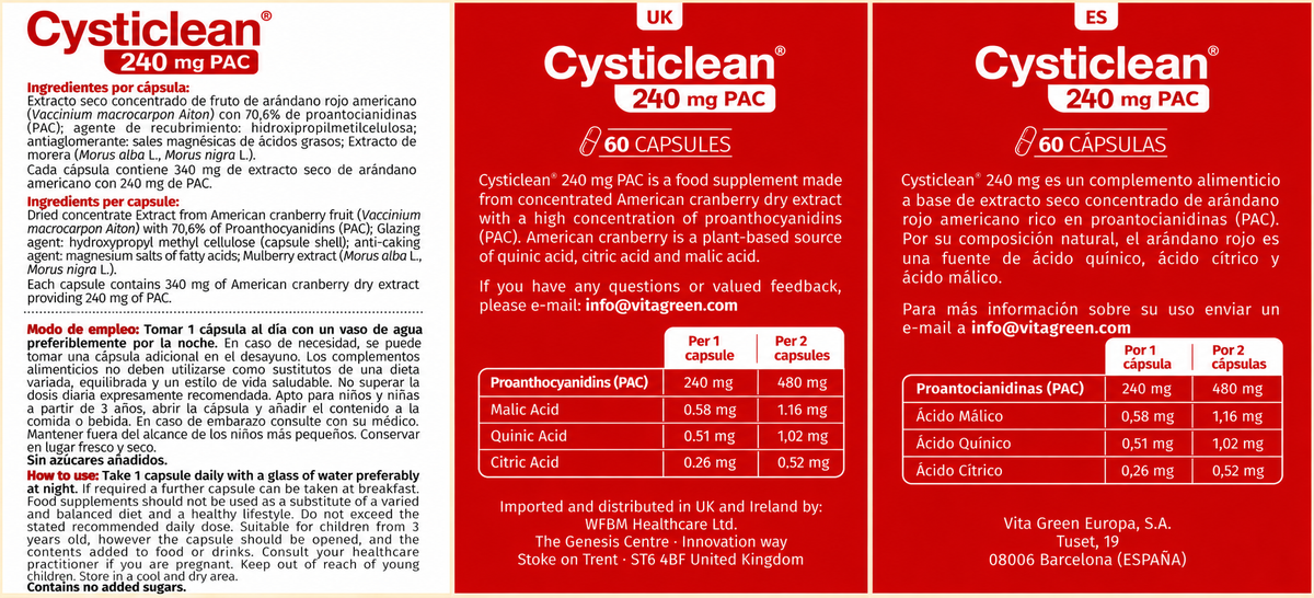 Cysticlean 240mg Cranberry Extract Capsules – 60 Capsules — readable original packaging label details