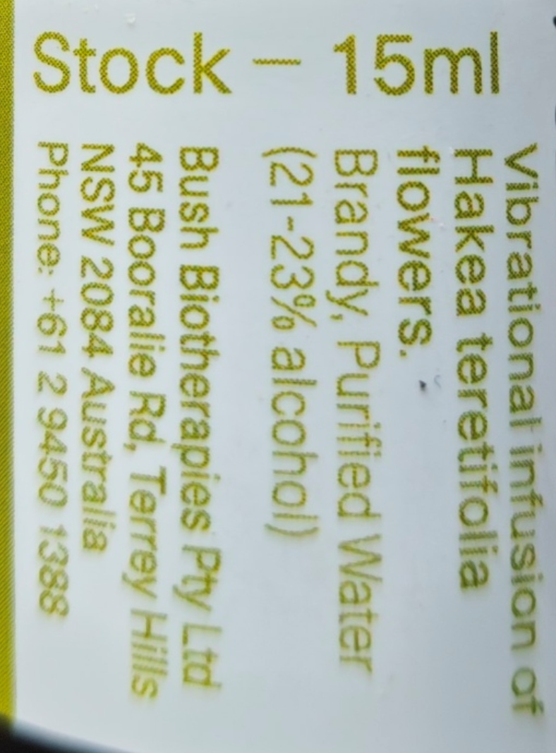 Label for a vibrational infusion product with ingredients and contact information.
