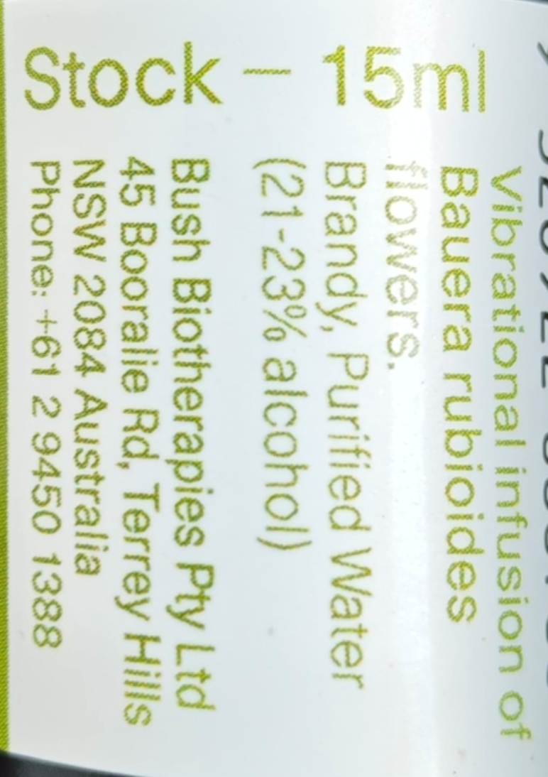 Label with text about a 15ml vibrational infusion product from Bush Biotherapies Pty Ltd.