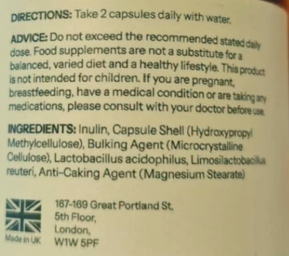 Close-up of a supplement package label showing directions, advice, ingredients, and a Made in UK mark on a beige background.