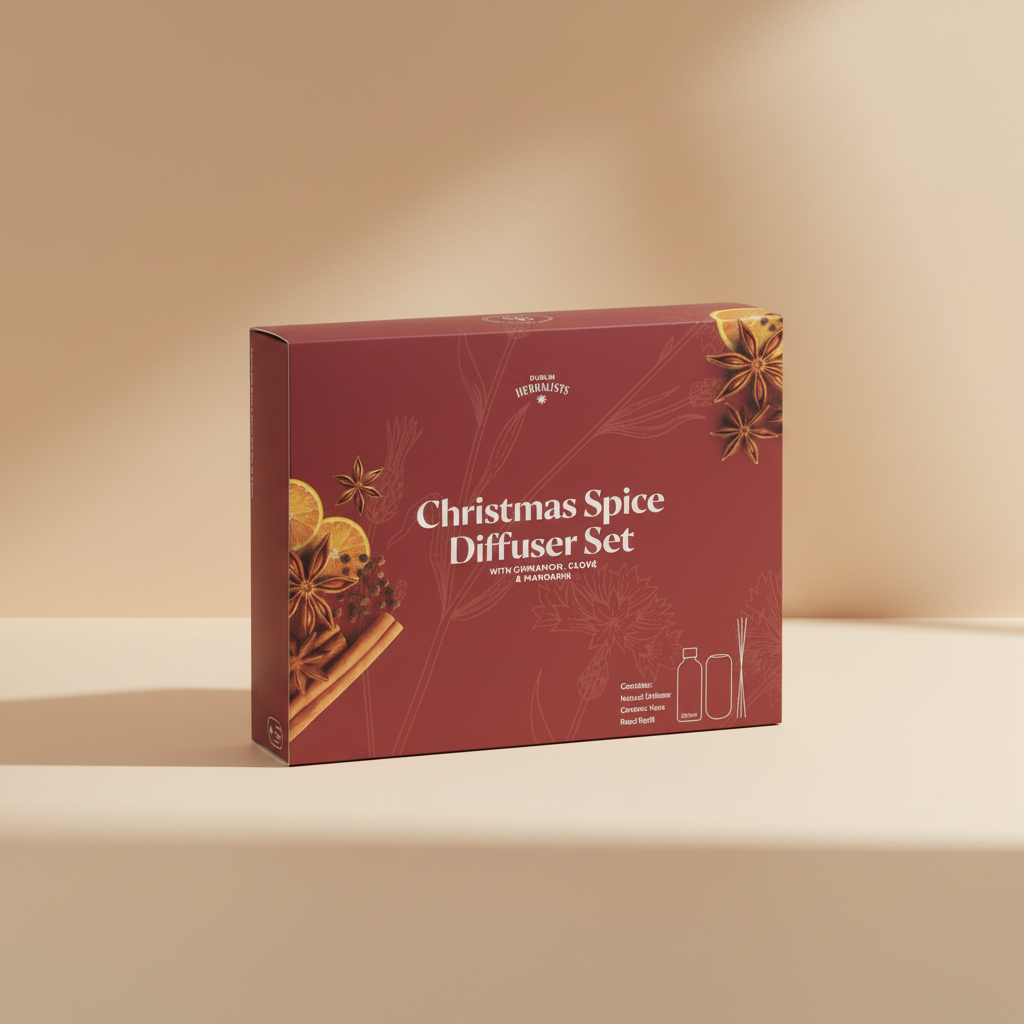 A boxed product labeled 'Christmas Spice Diffuser Set' by Dublin Herbalists, shown at a slight angle on a white background. The box is dark red with white text and decorative illustrations of spices and citrus slices.