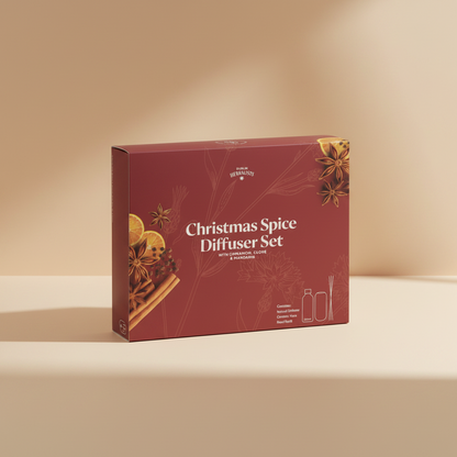 A boxed product labeled 'Christmas Spice Diffuser Set' by Dublin Herbalists, shown at a slight angle on a white background. The box is dark red with white text and decorative illustrations of spices and citrus slices.