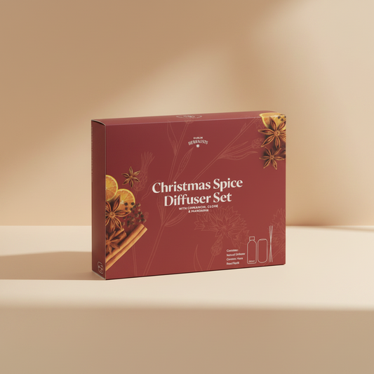 A boxed product labeled 'Christmas Spice Diffuser Set' by Dublin Herbalists, shown at a slight angle on a white background. The box is dark red with white text and decorative illustrations of spices and citrus slices.