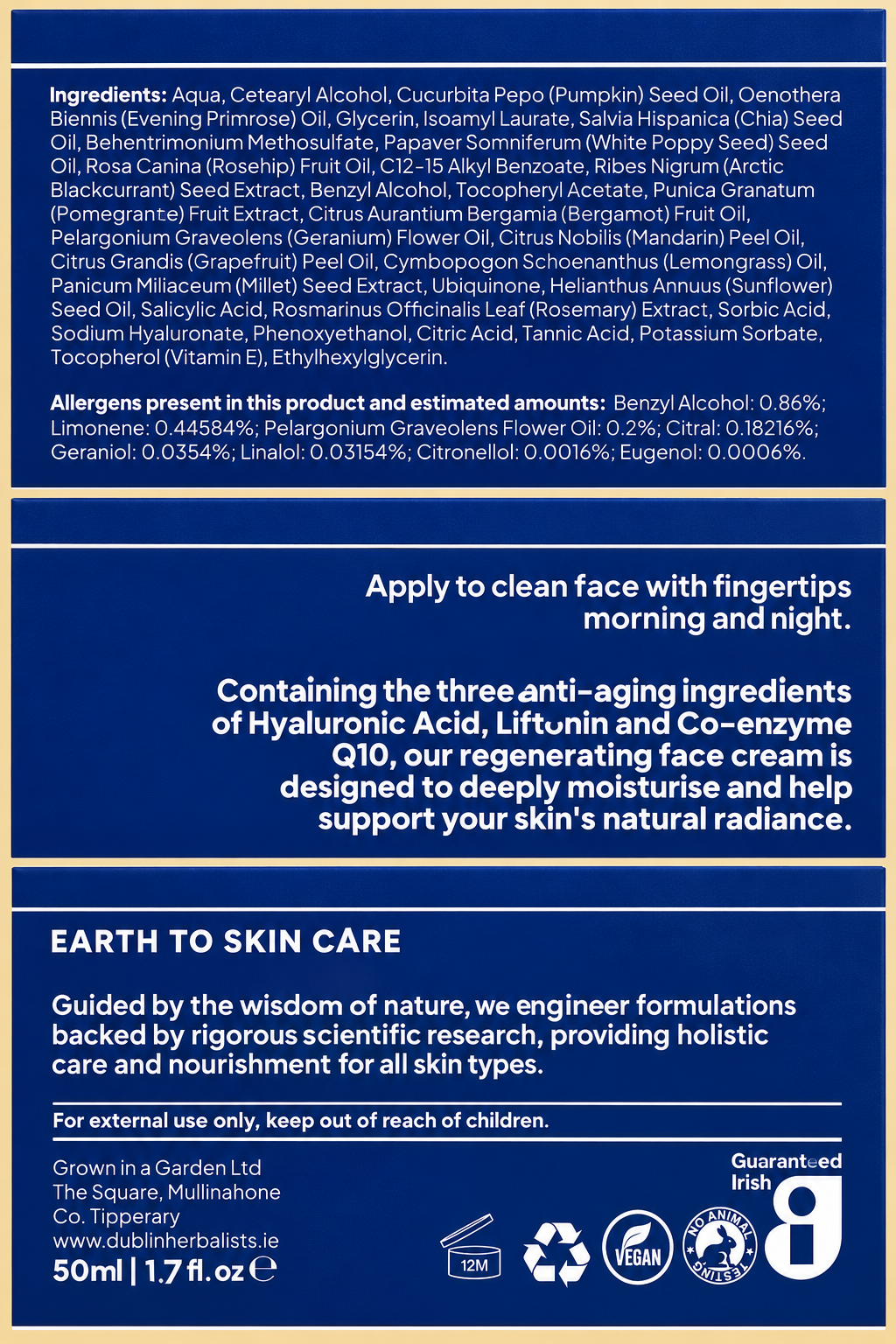 Dublin Herbalists Regenerating Day Cream 50ml complete readable packaging panels with ingredients, allergens, directions and warnings