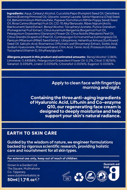 Dublin Herbalists Regenerating Day Cream 50ml complete readable packaging panels with ingredients, allergens, directions and warnings