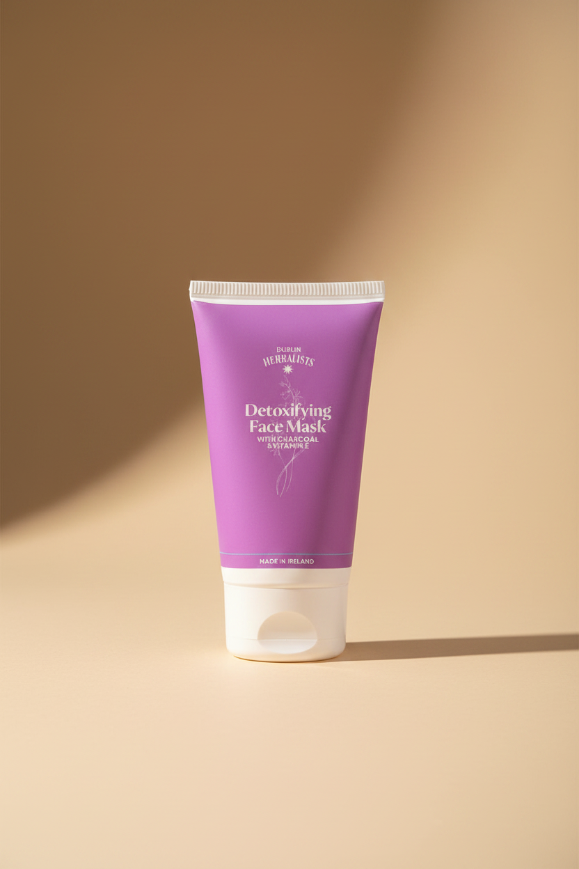 A purple squeeze tube of Dublin Herbalists Detoxifying Face Mask with white text and a white cap, set against a plain white background.
