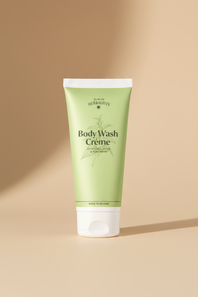 A light green squeeze tube of Double Line Herbalists Body Wash Creme with a white cap, shown on a clean white background with a soft shadow.
