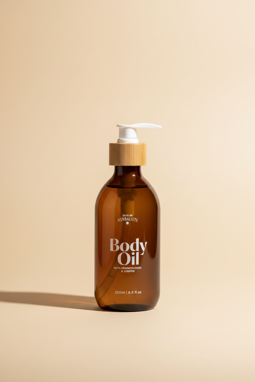 Döléin Herbalists Body Oil in a 250ml (8.5 fl oz) amber glass bottle with a bamboo collar and white pump dispenser, shown on a plain white background.