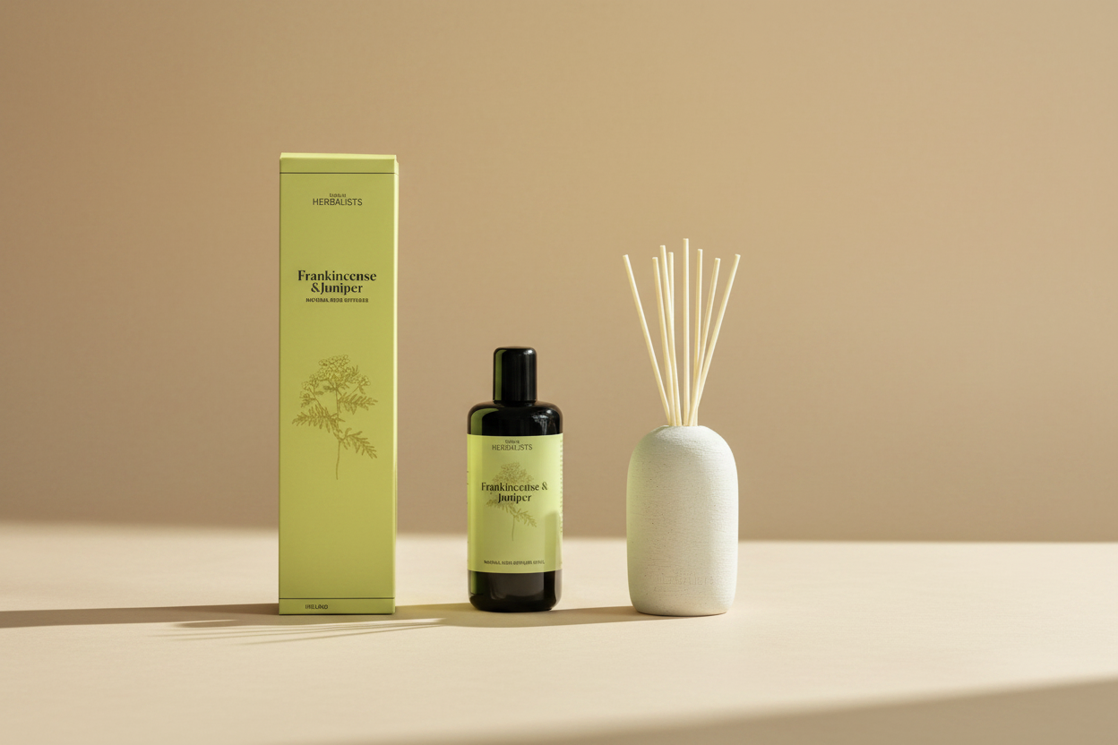 A reed diffuser set from The Herbalists, featuring a black bottle of Frankincense & Juniper oil, a tall light green box, and a white ceramic reed diffuser vase with wooden reeds, styled with moss, pinecones, and a rustic brown background.