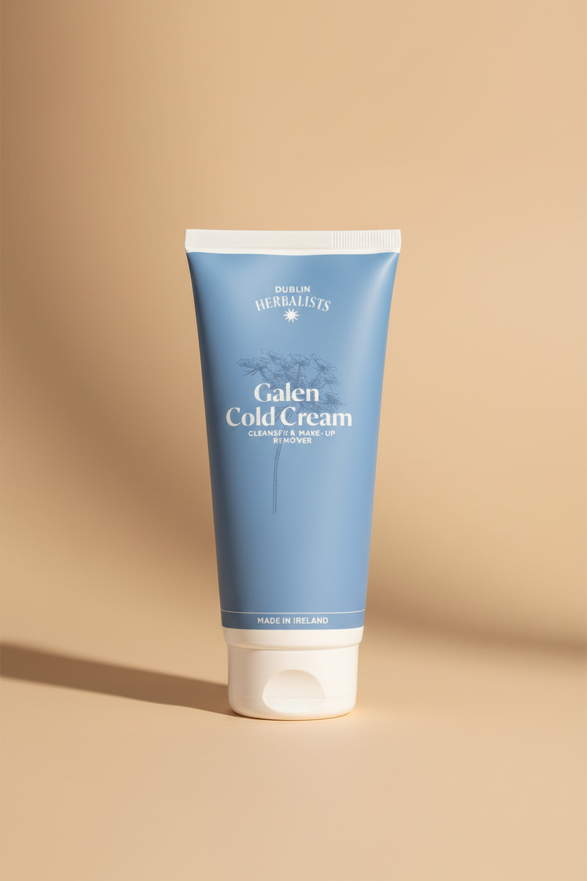 A light blue squeeze tube of Galen Cold Cream by Dublin Herbalists, with a white flip-top cap, shown on a plain white background.