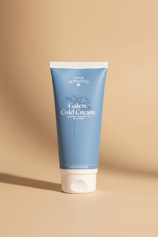 A light blue squeeze tube of Galen Cold Cream by Dublin Herbalists, with a white flip-top cap, shown on a plain white background.