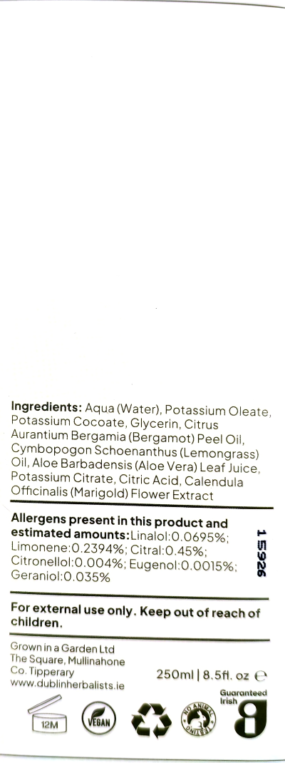 Back of a packaged flower extract product showing ingredients list, allergens, volume, and recycling symbols on a white background.