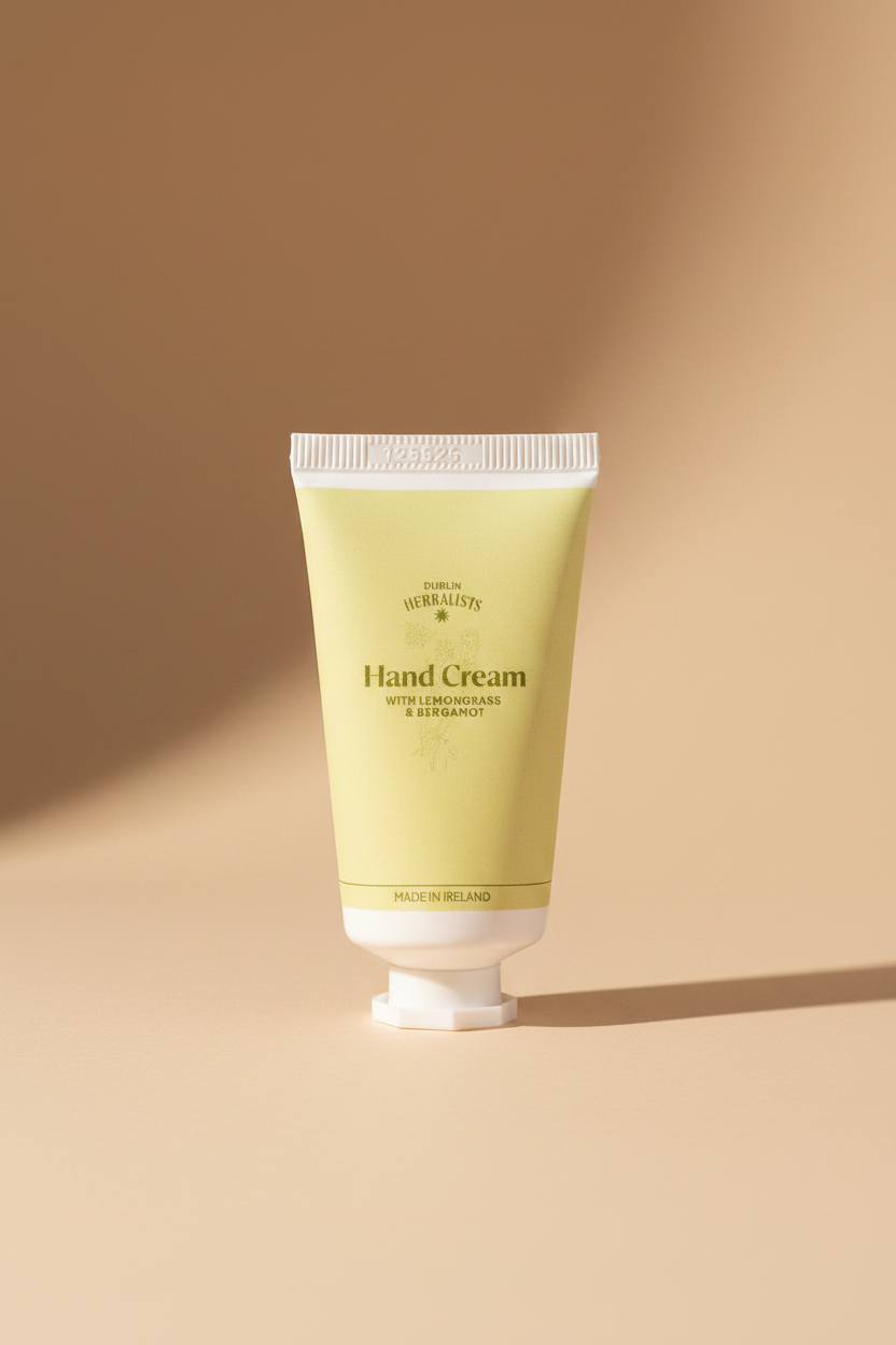 A squeeze tube of Dublin Herbalists Hand Cream with Lemongrass & Bergamot, featuring a pale yellow-green label and white cap and base, on a light gray background.
