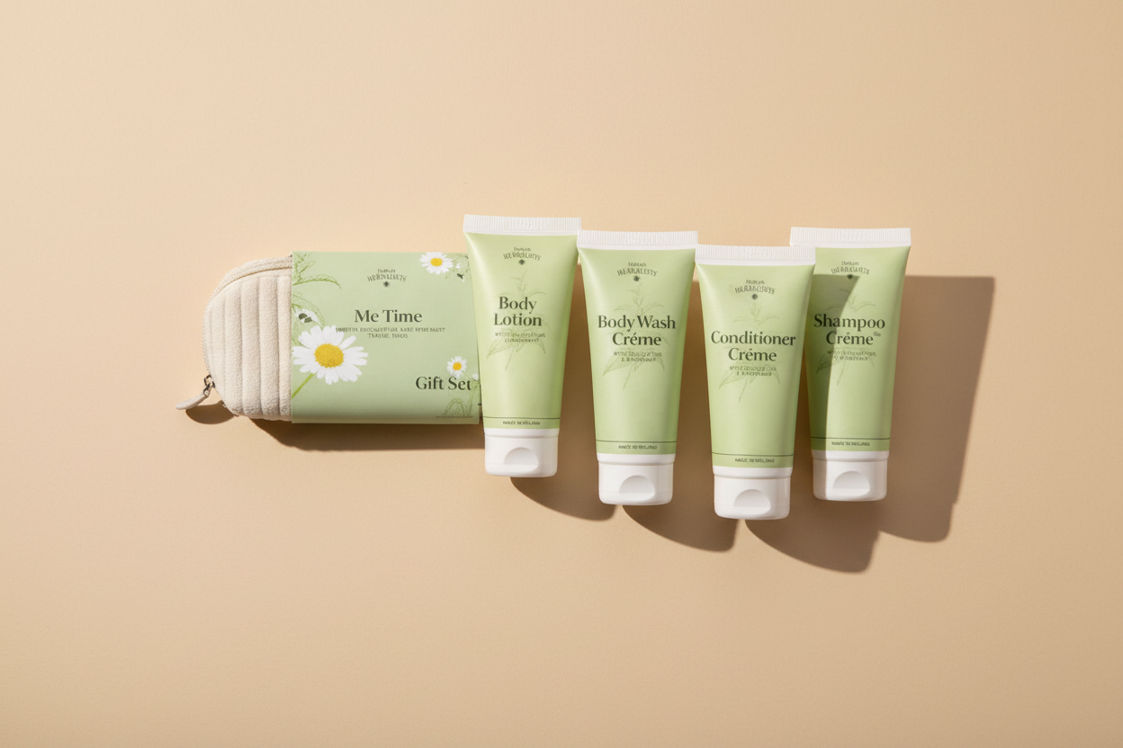 A 5-piece hair care gift set from Mary's Melody, featuring a cream-colored zippered pouch and four light green squeeze tubes of Body Lotion, Body Wash Creme, Conditioner Creme, and Shampoo Creme, all decorated with white daisy illustrations.