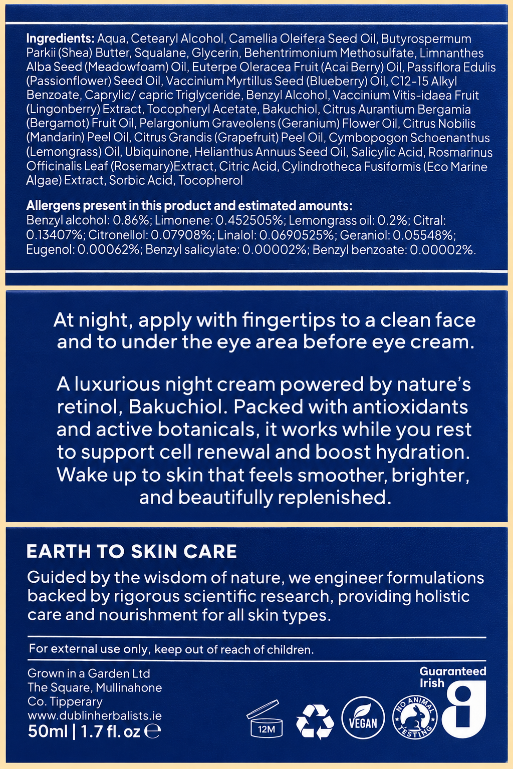 Dublin Herbalists Regenerating Night Cream 50ml complete readable packaging panels with ingredients, allergens, directions and warnings