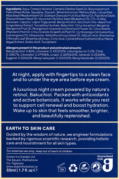 Dublin Herbalists Regenerating Night Cream 50ml complete readable packaging panels with ingredients, allergens, directions and warnings