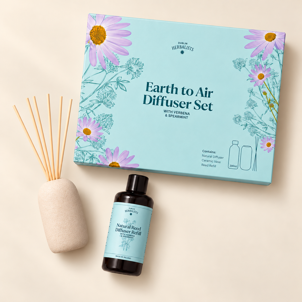 Dublin Herbalists Verbena & Spearmint Diffuser Gift Set – 200ml refill, ceramic vase, reeds and gift box