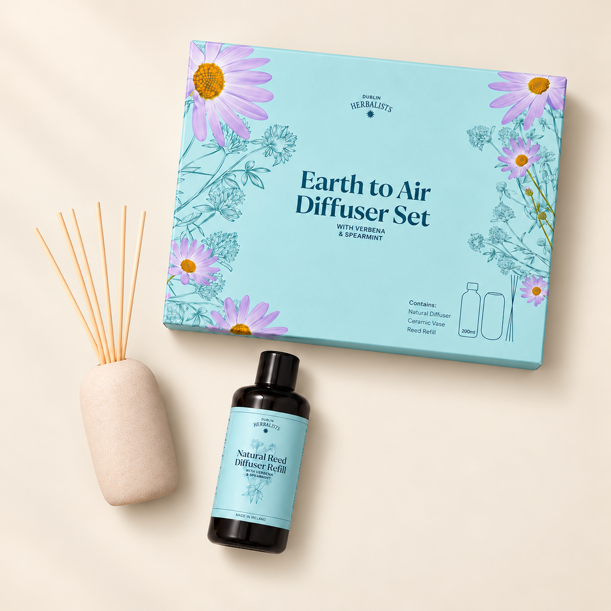 Dublin Herbalists Verbena & Spearmint Diffuser Gift Set – 200ml refill, ceramic vase, reeds and gift box