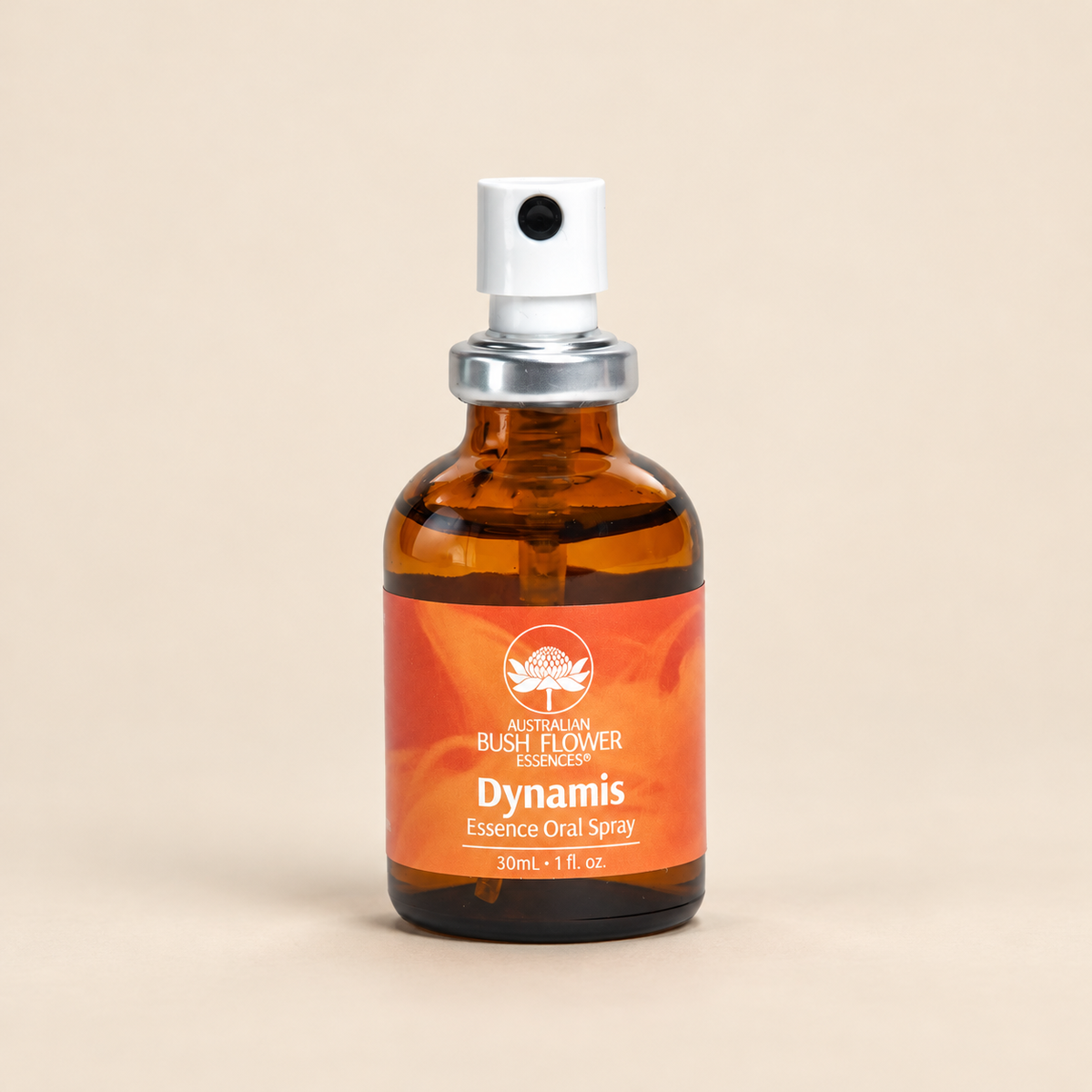 Australian Bush Flower dynamis oral spray on a warm beige background