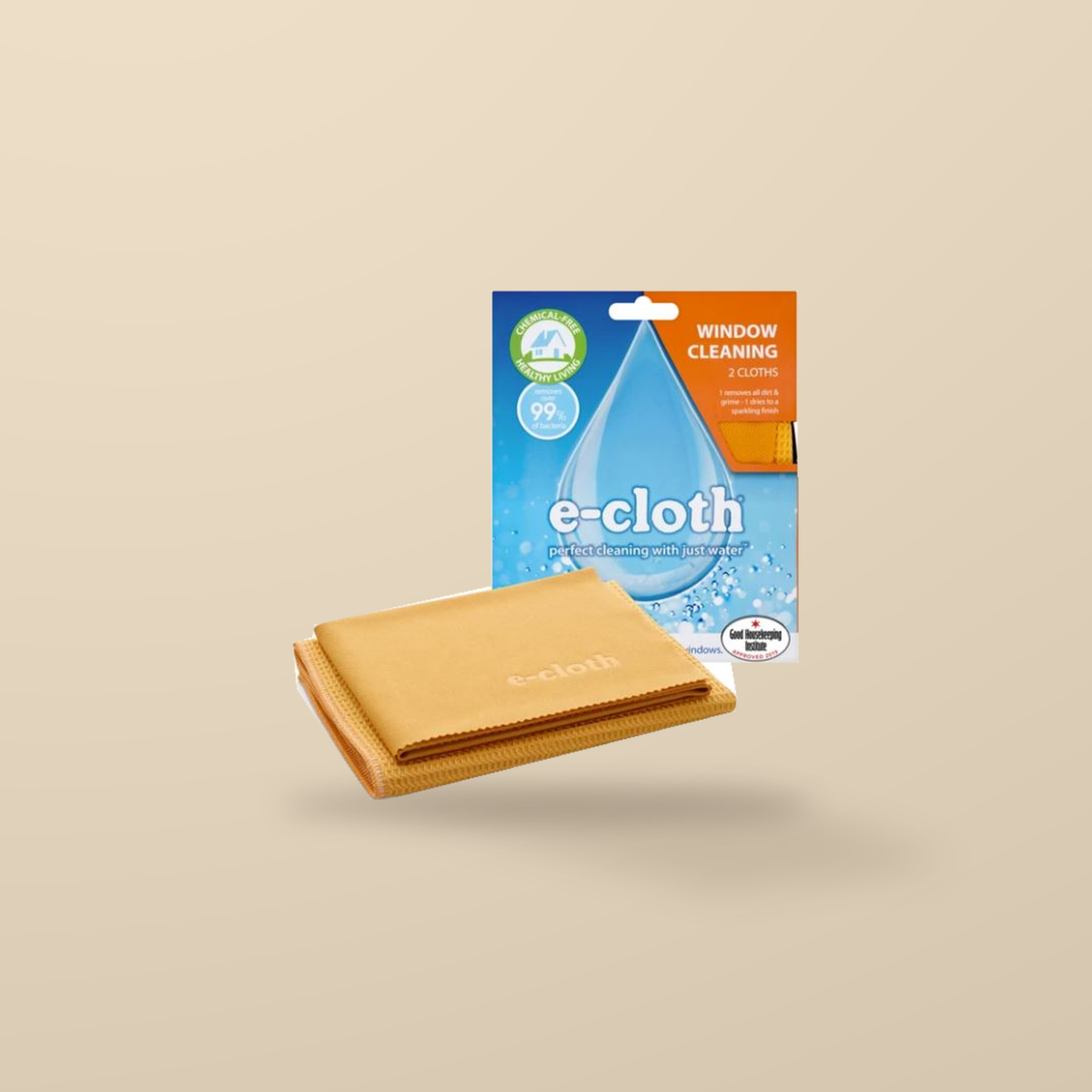 E-Cloth Window Cleaning Pack – 2 Cloths — original product packaging on warm beige background