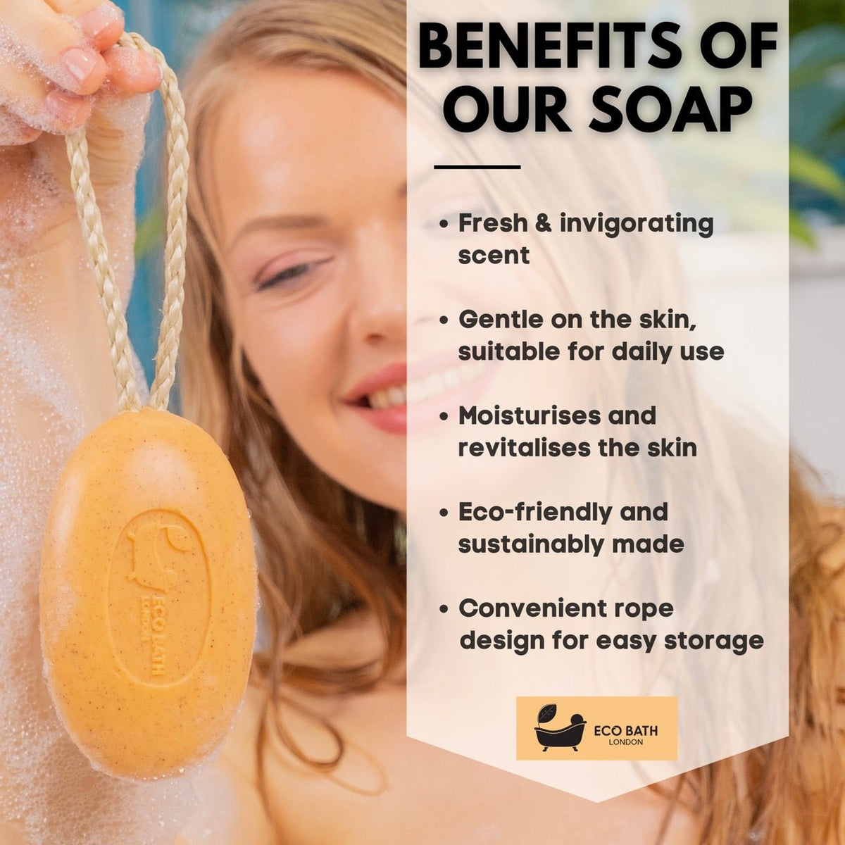 Eco Bath Apricot Soap on a Rope with hanging rope detail